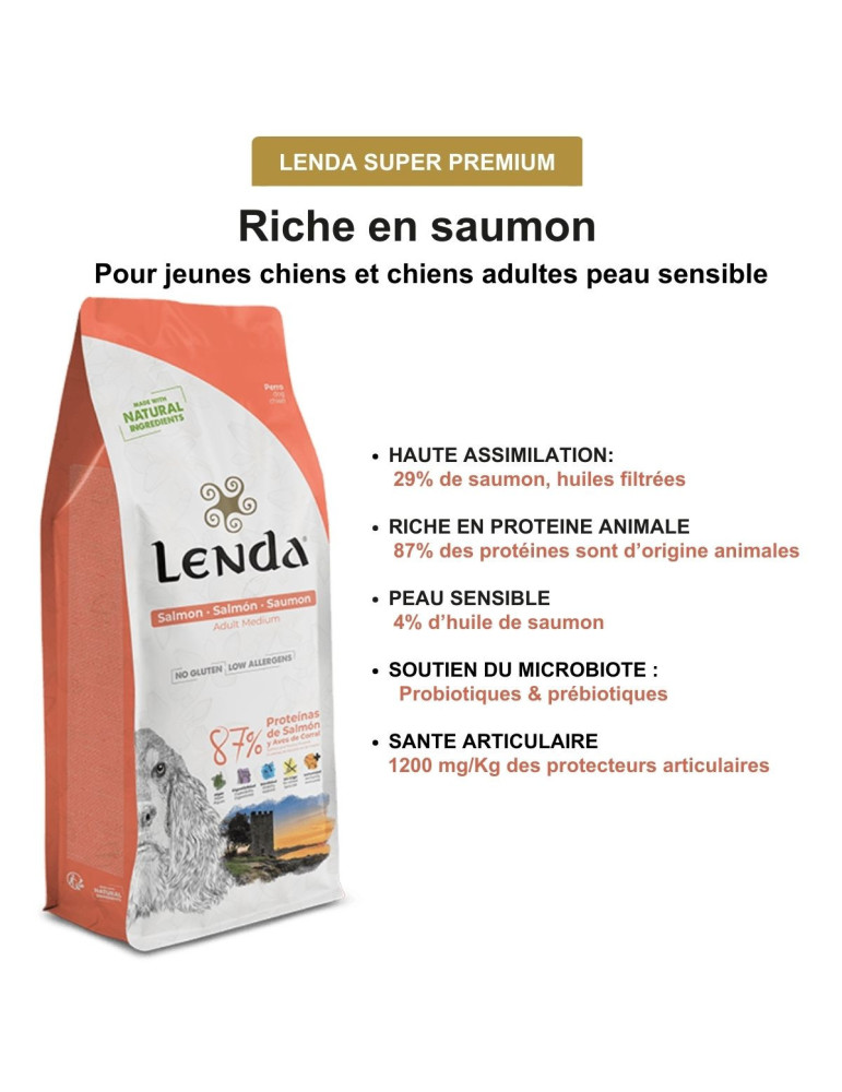 Croquettes chien moyenne race saumon – Sans blé - Digestion, pelage et articulations - Lenda Salmon Adult Medium