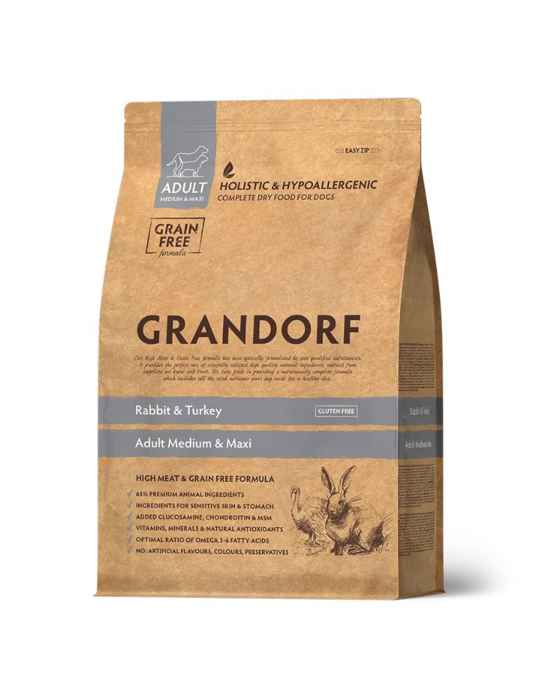 Croquettes chien adulte moyenne et grande race sans céréales Lapin & Dinde – Grandorf