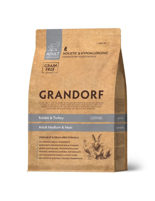 Croquettes chien adulte moyenne et grande race sans céréales Lapin & Dinde – Grandorf